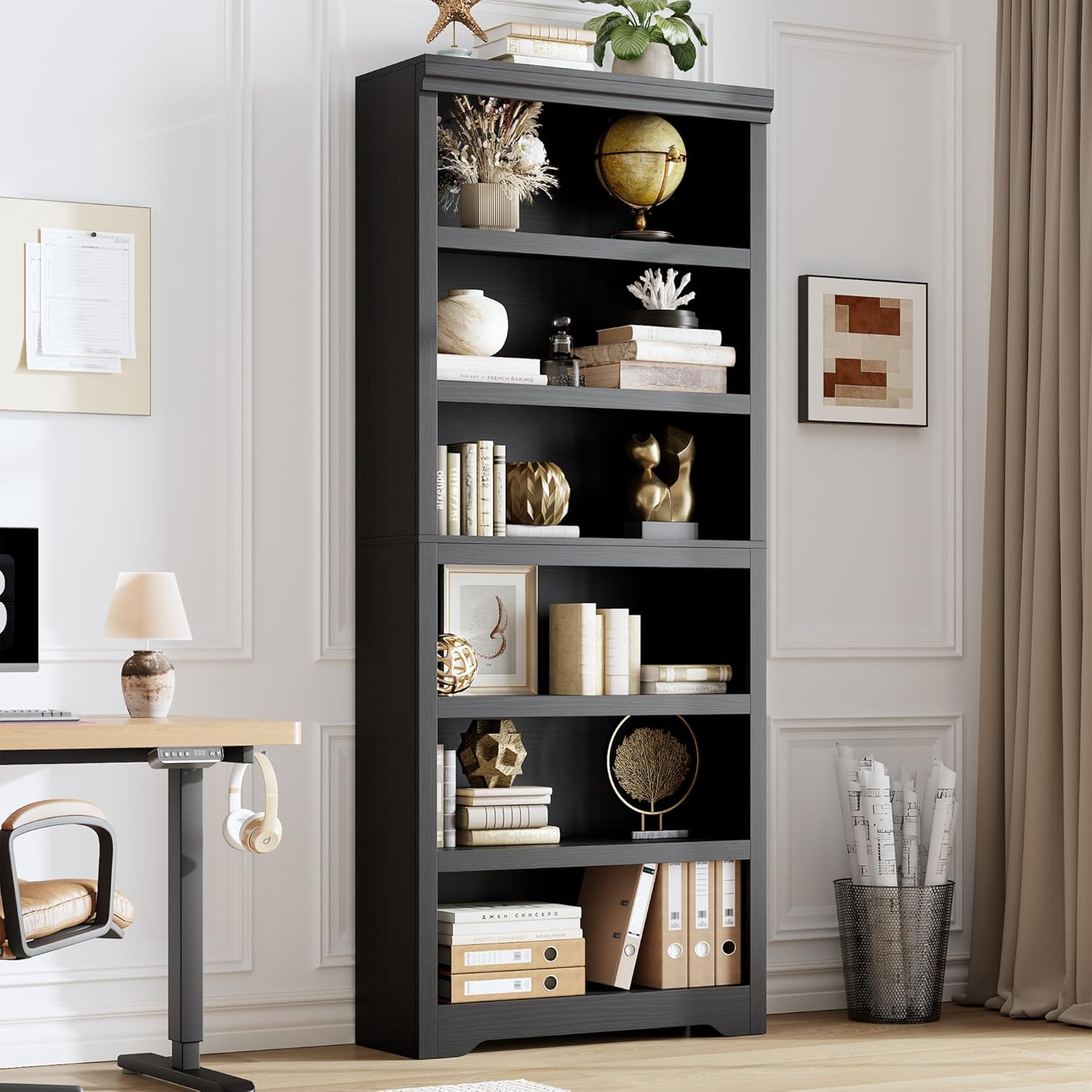 Garvee 6 Tier Bookshelf, 75" Tall Farmhouse Bookcase with Adjustable Shelves, 31.5" W Floor Standing Open Display Storage Rack with Anti-Slip Design for Home Office, Balcony, Library, Study / Living Room, Black