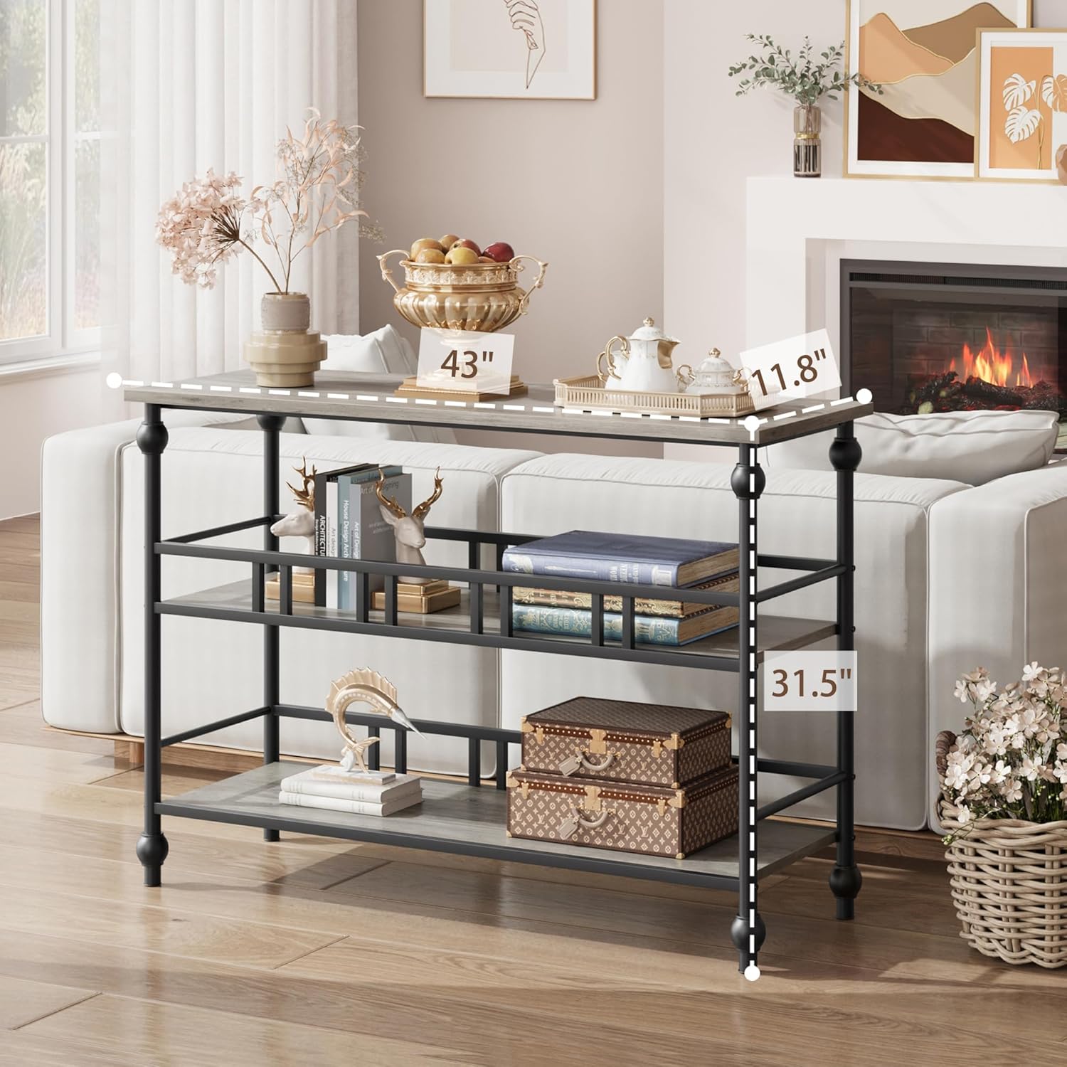 Garvee Console Table 3-Tier Narrow Entryway Storage, 43" Behind Couch Table, MDF Wood & Metal, Adjustable Footpads, Living Room, Foyer, Bedroom