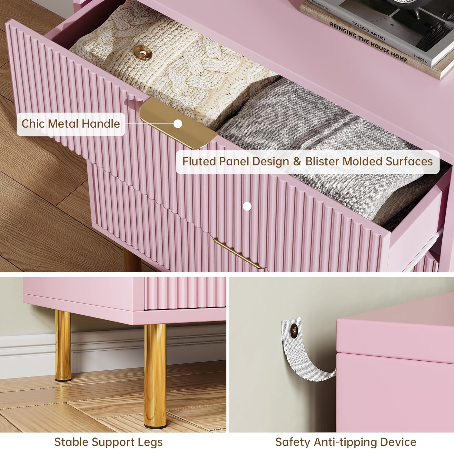 Garvee 5 Drawer Wooden Dresser Pink with Gold Handles, Large Storage, Durable MDF, Modern Design, Metal Legs, Bedroom & Living Room