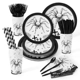 Garvee 215 Pcs Halloween Plates and Napkins Set Serve 25, Halloween Spider Skeleton Disposable Tableware Set, Halloween Decorations Includes Plates, Cups, Napkins, Halloween Tableware - style-2