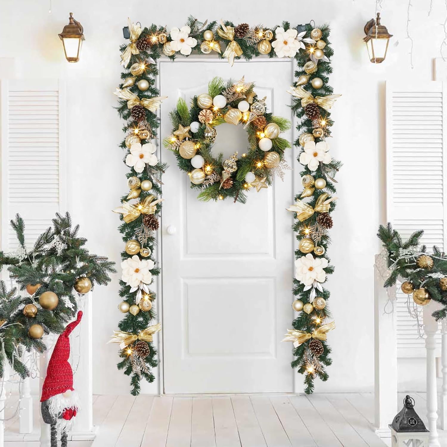 Garvee Christmas Wreath for Front Door, 24 Inch Outdoor Christmas Wreath, Battery Operated Xmas Wreath with Gold White Ball Ornaments Pine Cones and 20 LED Lights for Home Holiday Decor
