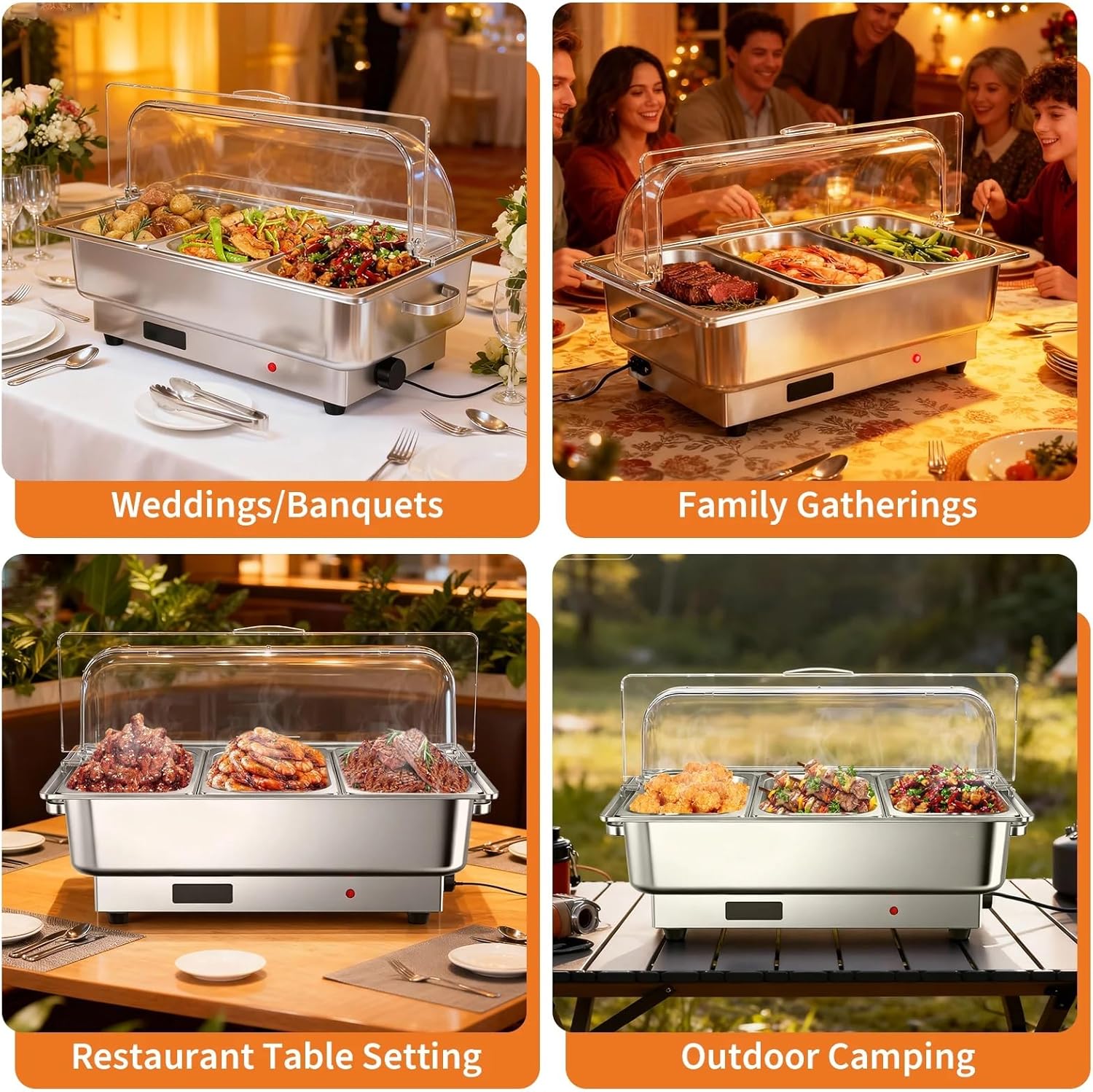 Garvee Electric Chafing Dish Buffet Set, 3 × 3 QT Roll Top Food Warmer with Transparent PC Lid, 400W Temperature Control 86-200°F, Stainless Steel Chafer for Catering Parties(2 Packs)