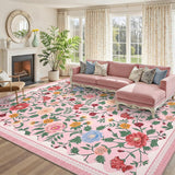 Garvee Large Pink Washable Floral Rug 10x13 Non-Slip Low Pile Area Rug for Living Room Bedroom Dining Room - Pink