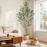 Garvee 7FT Olive Trees Artificial Indoor Faux Silk Plant with Natural Wood Trunk Black Imitation Ceramic Planter Modern Home Office Living Room Decor - Black