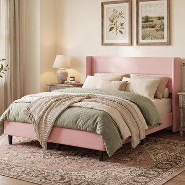 Garvee Full Bed Frame with Wingback Headboard, Velvet Upholstered Platform Bedframe with Sturdy Wooden Slats Support Full Size, No Box Spring Needed, Easy Assembly, Pink