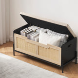 Garvee 39.4" Storage Bench Rattan Entryway Bench with Seat Cushion, 2 Safety Hinges, Storage Trunk, Shoe Bench Storage Chest for Entryway, Living Room, Bedroom, Oak & Black - Black