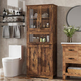 Garvee Retro Freestanding Bathroom Storage Cabinet with Double Glass Doors and Spacious Sliding Drawer, Rustic Brown - Rustic Brown
