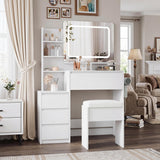 Garvee Vanity Desk with Mirror and Lights, 36-Inch Modern Makeup Dressing Table with Outlets, 4 Drawers, Stool & Hair Dryer Holder - 3 Colors LED Vanity Mirror, Vanities for Bedroom, Women, White - White