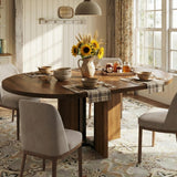 Garvee 47"-63" Extendable Round Oval Dining Table, Farmhouse Wooden Kitchen Table, Wider Leg, Sturdy Metal Support, Walnut, Space Saving - Walnut