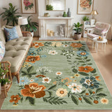 Garvee Floral Green 4x6 Washable Area Rug, Non-Slip Non-Shedding Living Room Rug, Low Pile Stain-Resistant Throw Carpet, Foldable Printed Soft Carpet for Entryway, Office - Green