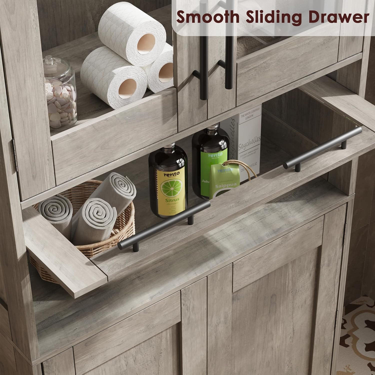 Garvee Modern Freestanding Bathroom Storage Cabinet with Double Glass Doors and Spacious Sliding Drawer, Grey