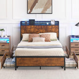 Garvee Queen Size Bed Frame with Storage Headboard and 4 Drawers, Platform Bed Frame with Charging Station and LED Lights, Metal Support/No Box Spring Needed, Vintage Brown - Vintage Brown
