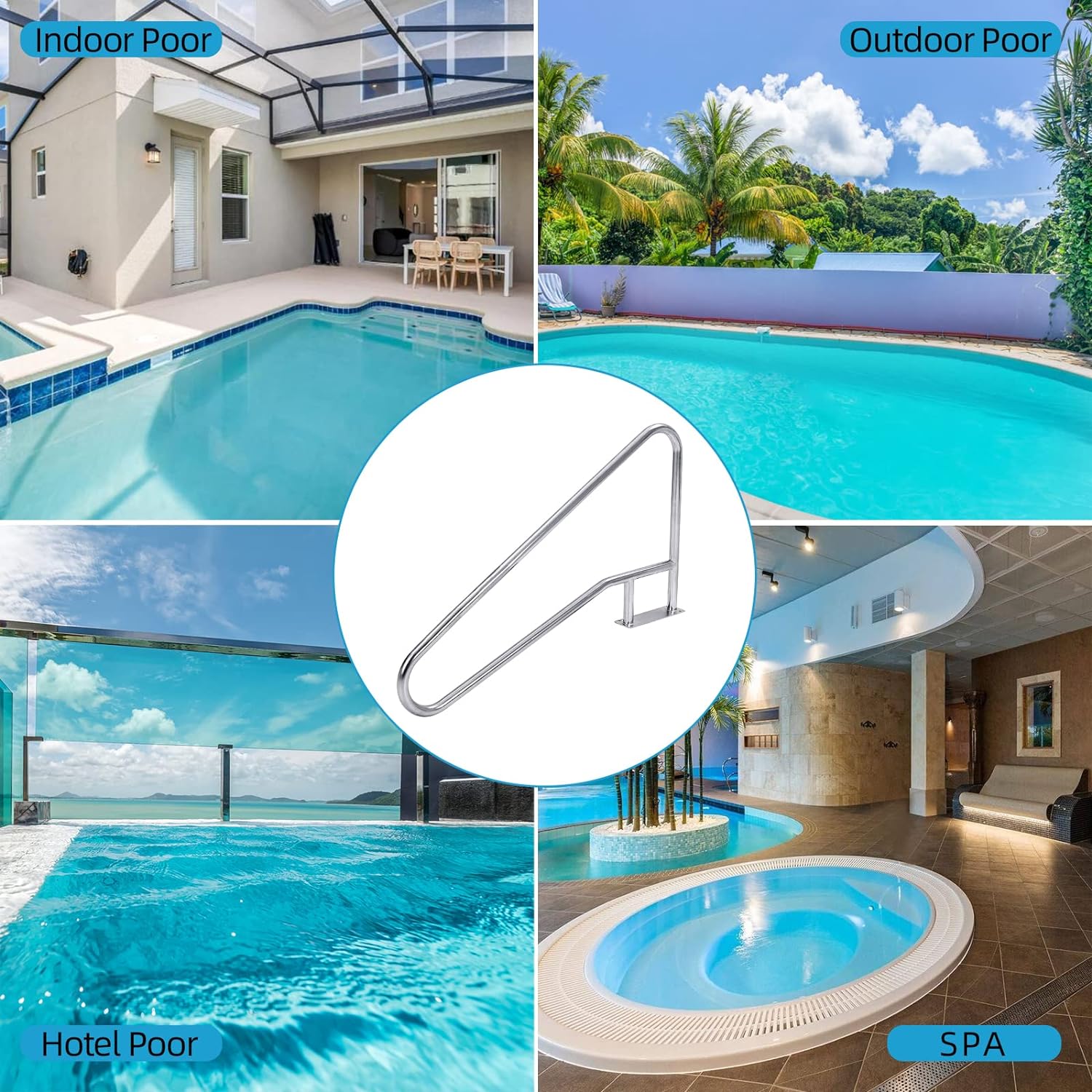 Garvee Pool Rail 55"x 32", 304 Stainless Steel 385LBS Load Capacity Silver Rustproof Pool Handrail for Inground Pool with Blue Grip Cover & Accessories