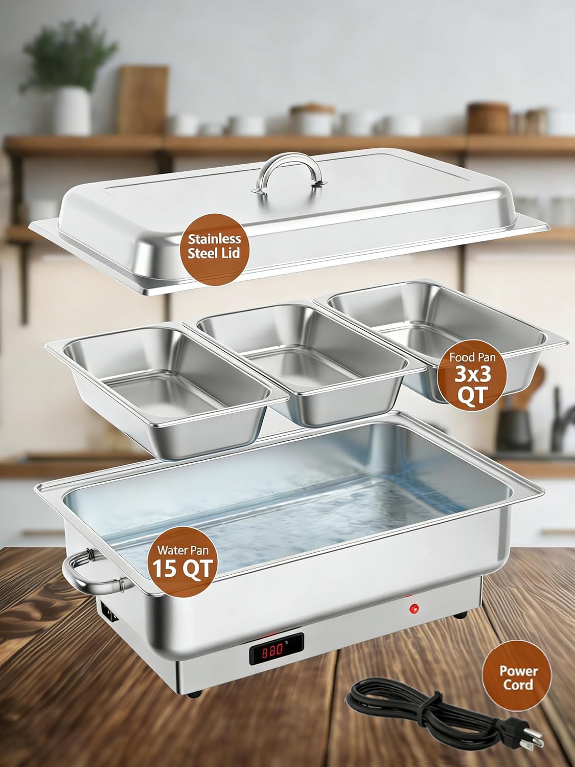 Garvee 9QT(3×1/3Pan)Electric Chafing Dish with Temperature Control, Stainless Steel Buffet Servers and Warmers, Electric Chafing Dish Set with Temperature Control for Catering