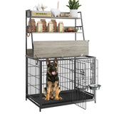 Garvee Wooden Dog Crate Furniture with Storage Shelves, Removable Tray, Double Doors, Adjustable Bowls and Flip-up Top, Grey - Gray