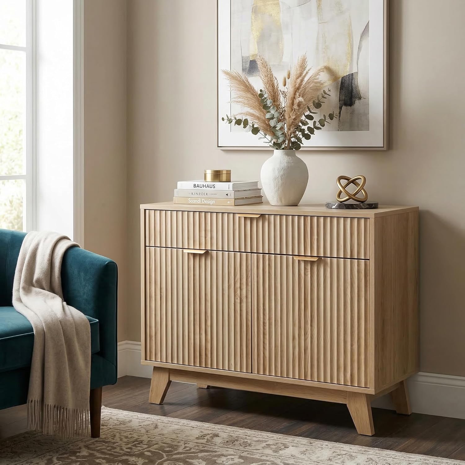 Fluted Sturdy Wood Sideboard Buffet Cabinet – Adjustable Shelf, Drawer, Generous Storage – Accent Storage Cabinet for Dining Room, Kitchen, Living Room, Entryway – Natural Oak – Sturdy Wood