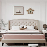 Garvee Full Size Upholstered Platform Bed Frame + Wingback Headboard + Button Tufted Design + Wood Slat Support + Easy Assembly + No Box Spring Needed + Off White - Beige