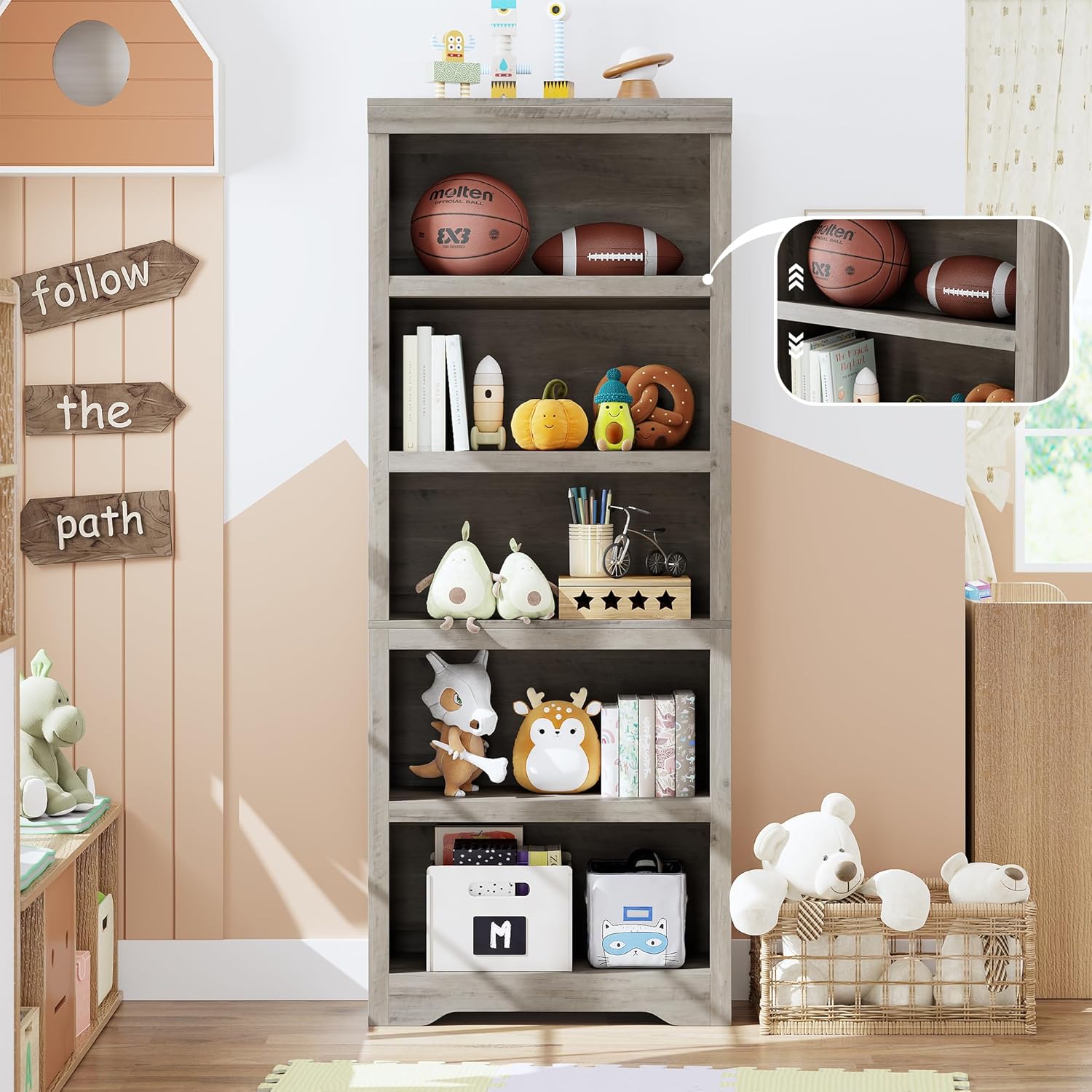 Garvee 5 Tier Bookshelf, 69" Tall Farmhouse Bookcase with Adjustable Shelves, 23.6" W Floor Standing Open Display Storage Rack with Anti-Slip Design for Home Office, Balcony, Library, Study / Living Room, Gray