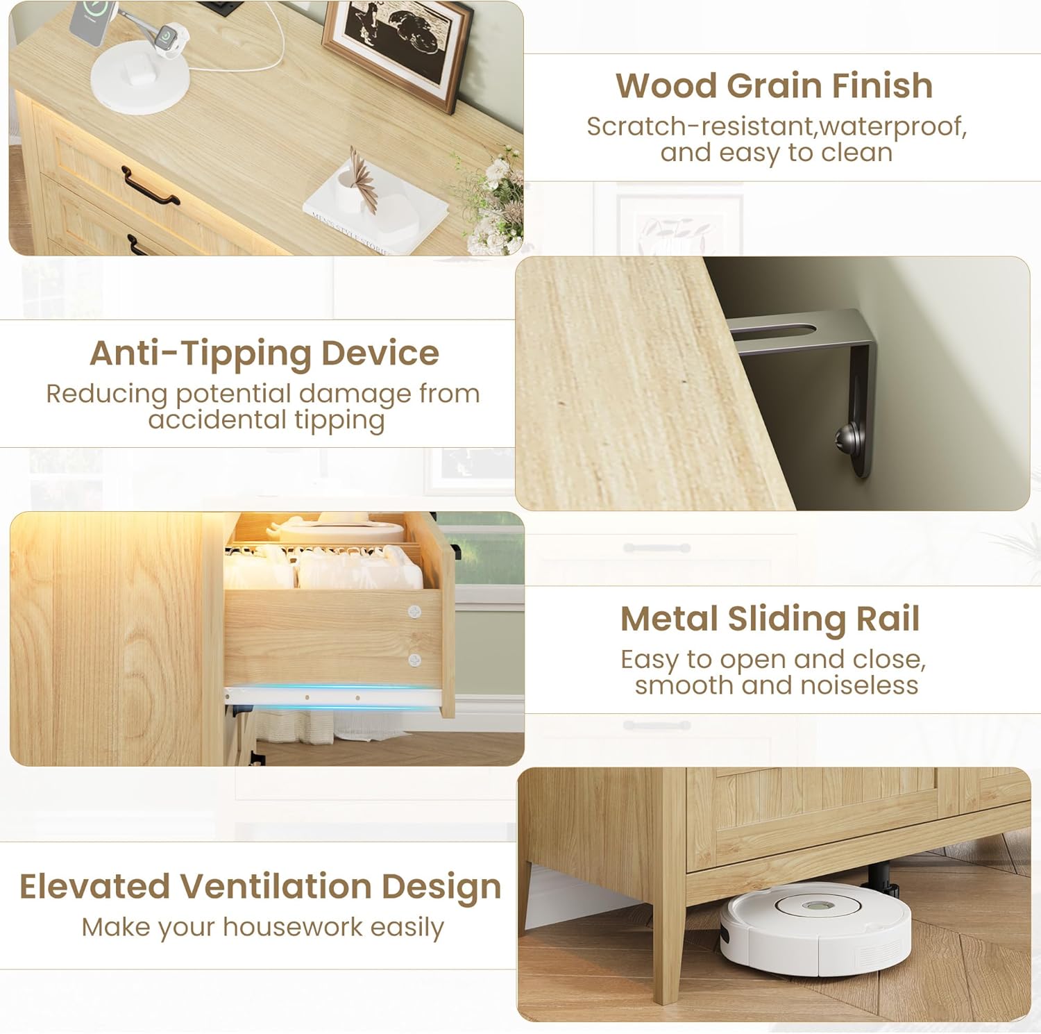 Garvee 6 Drawer Dresser with Power Outlet, Natural Dresser with LED Light, Modern Chest of Drawers for Closet, Double Wide Drawer Organizer Cabinet for Bedroom, Living Room