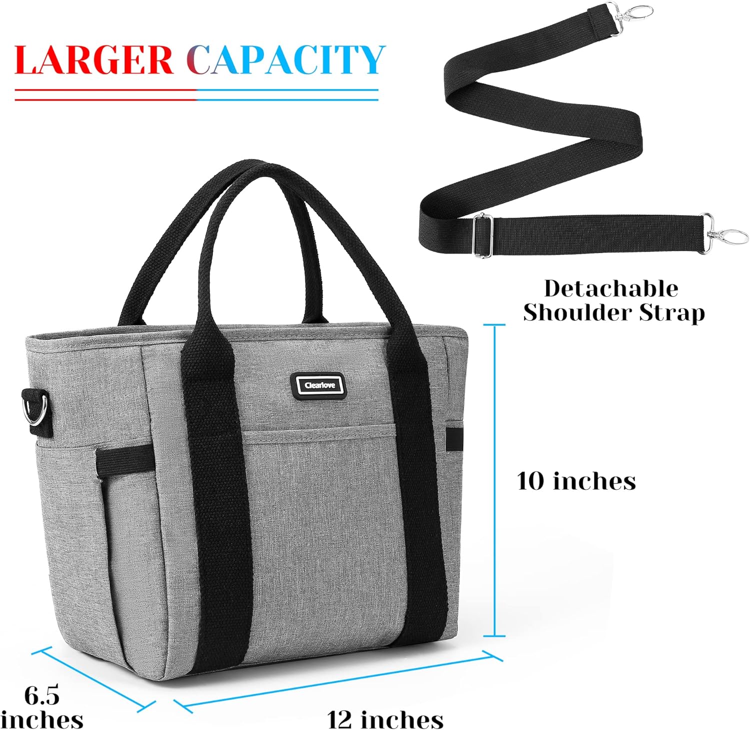 Garvee Lunch Bag for Women Men, Tote Adult Lunch Box with Adjustable Shoulder Strap & Side Pockets, Portable Lunch Tote Bag for Work Picnic School or Travel Gray-Normal Size