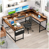 Garvee U Shaped Desk with LED Lights, 126 Inch Gaming Desk, Reversible Large Computer Desk, Power Outlets, Storage Bag, Hooks, Vintage - Brown