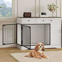 Garvee Farmhouse Dog Crate Furniture, 47" Modern Indoor Kennel with Double Doors, TV Stand & Buffet Cabinet, Dog Cage End Table with 2 Drawers & Storage for Small & Medium Dogs
