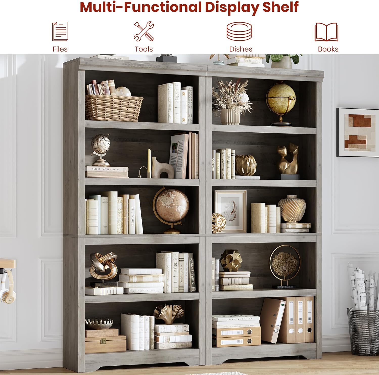 Garvee 5 Tier Bookshelf, 69" Tall Farmhouse Bookcase with Adjustable Shelves, 31.5" W Floor Standing Open Display Storage Rack with Anti-Slip Design for Home Office, Balcony, Library, Study / Living Room, Gray