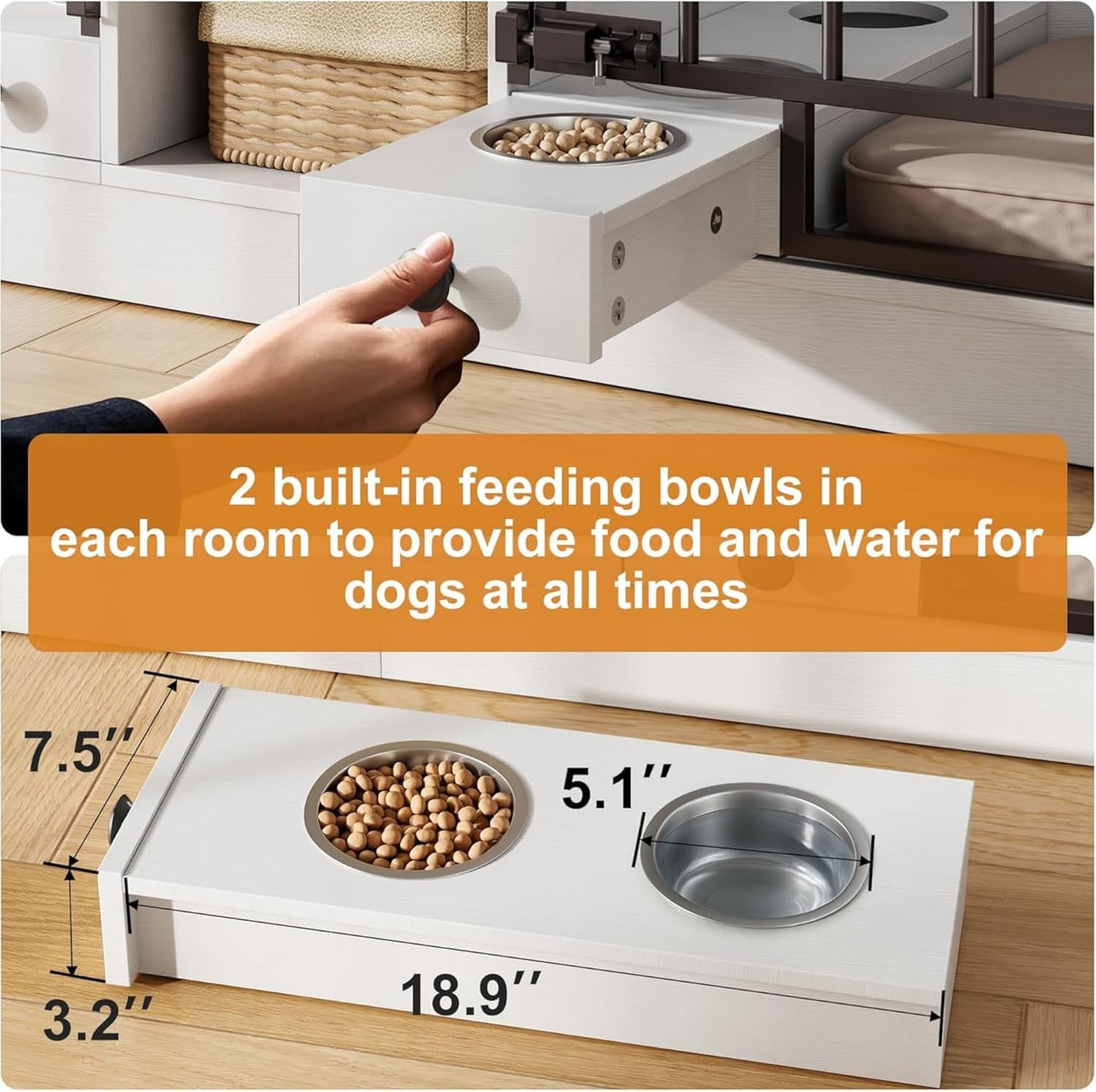 Garvee Dog Crate Furniture for 2 Dogs, 78.7" Large Dog Kennel Indoor with 2 Storage Drawers, 3 Shelves and Feeding Bowls, Double Dog Crate TV Stand for Small and Medium Dogs, White&Brown Top
