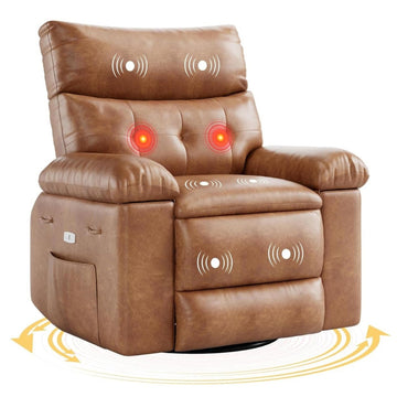 Garvee Power Recliner Chair with Heat and Massage – Electric Swivel Rocker Recliner, USB Port, Ergonomic Tall Back PU Leather Sofa, Oversized Padded Seat for Living Room, Adults or Elderly – Brown