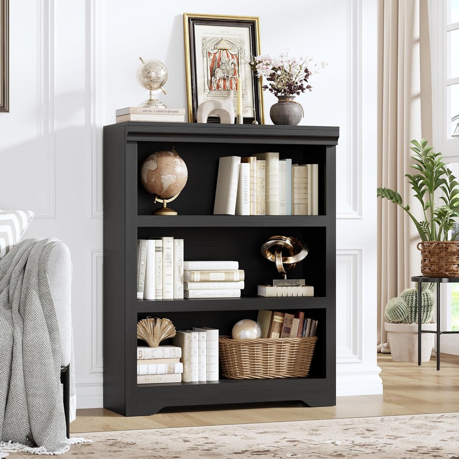 Garvee 3 Tier Bookshelf, 39.4" Tall Farmhouse Bookcase with Adjustable Shelves, 31.5" W Floor Standing Open Display Storage Rack with Anti-Slip Design for Home Office, Balcony, Library, Study / Living Room, Black