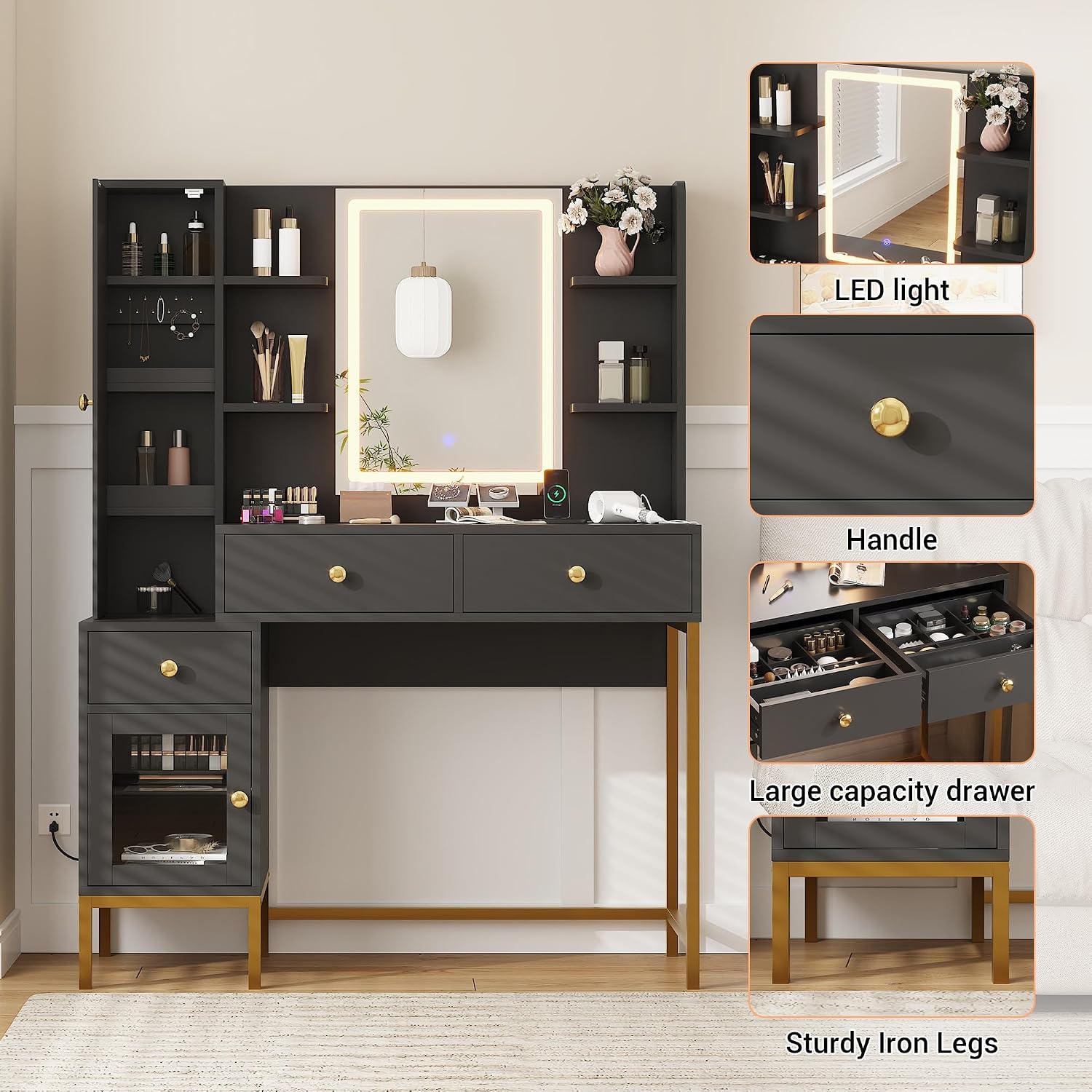 Garvee Vanity Desk with Light & Mirror, Vanity Table with Charging Station & Cabinet