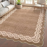 Garvee Scalloped Coffee 5x7 Washable Rugs Modern Geometric Living Room Rug, Stain-Resistant Faux Wool Floor Cover for Bedroom, Office, Kitchen - Coffee