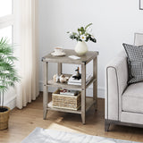 Garvee 3 Tier Tall End Table, Square Side Table with Storage Shelf, Nightstand with Metal Corner Guard and Solid Wood Table Leg for Living Room, Bedroom, Sofa Couch, Hall, Easy Assembly, Grey