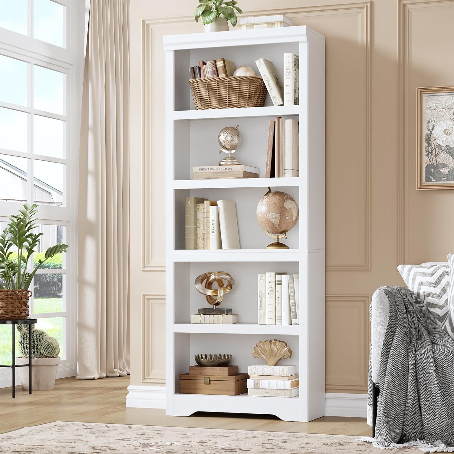 Garvee 5 Tier Bookshelf, 69" Tall Farmhouse Bookcase with Adjustable Shelves, 23.6" W Floor Standing Open Display Storage Rack with Anti-Slip Design for Home Office, Balcony, Library, Study / Living Room, White