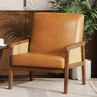 Garvee Mid Century Modern Accent Chair, PU Leather Living Room Chair with Sturdy Wood Legs, Thickened Seat Cushion and PE Rattan Woven Decoration, Armchair for Bedroom, Reading Room, Orange