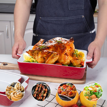 Garvee Ceramic Baking Dish Set of 3, Rectangular Casserole Dish for Oven with Handles, Deep Lasagna Baking Pans for Cooking, Kitchen, Cake Dinner, Banquet, Daily Use, Red