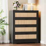 Garvee 4 Drawer Dresser Rattan Dresser, Tall Chest of Drawers, Wood Dresser for Bedroom, Closet, Living Room, Hallway - Black