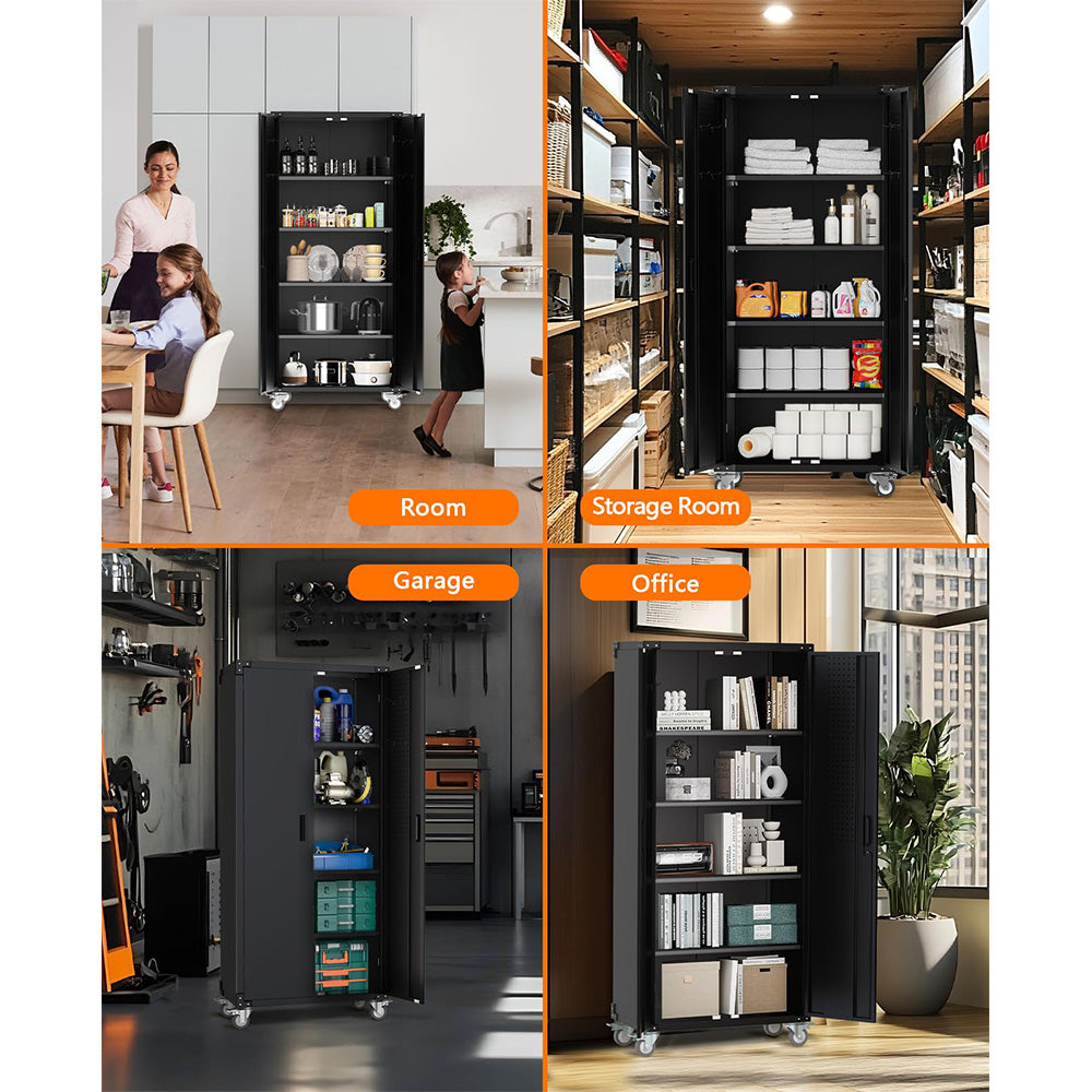 Garvee Metal Storage Cabinet 72"H with Wheels, Steel Tool Cabinet with Pegboard, Lockable Rolling Garage Cabinet for Home, Garage, Office, Black