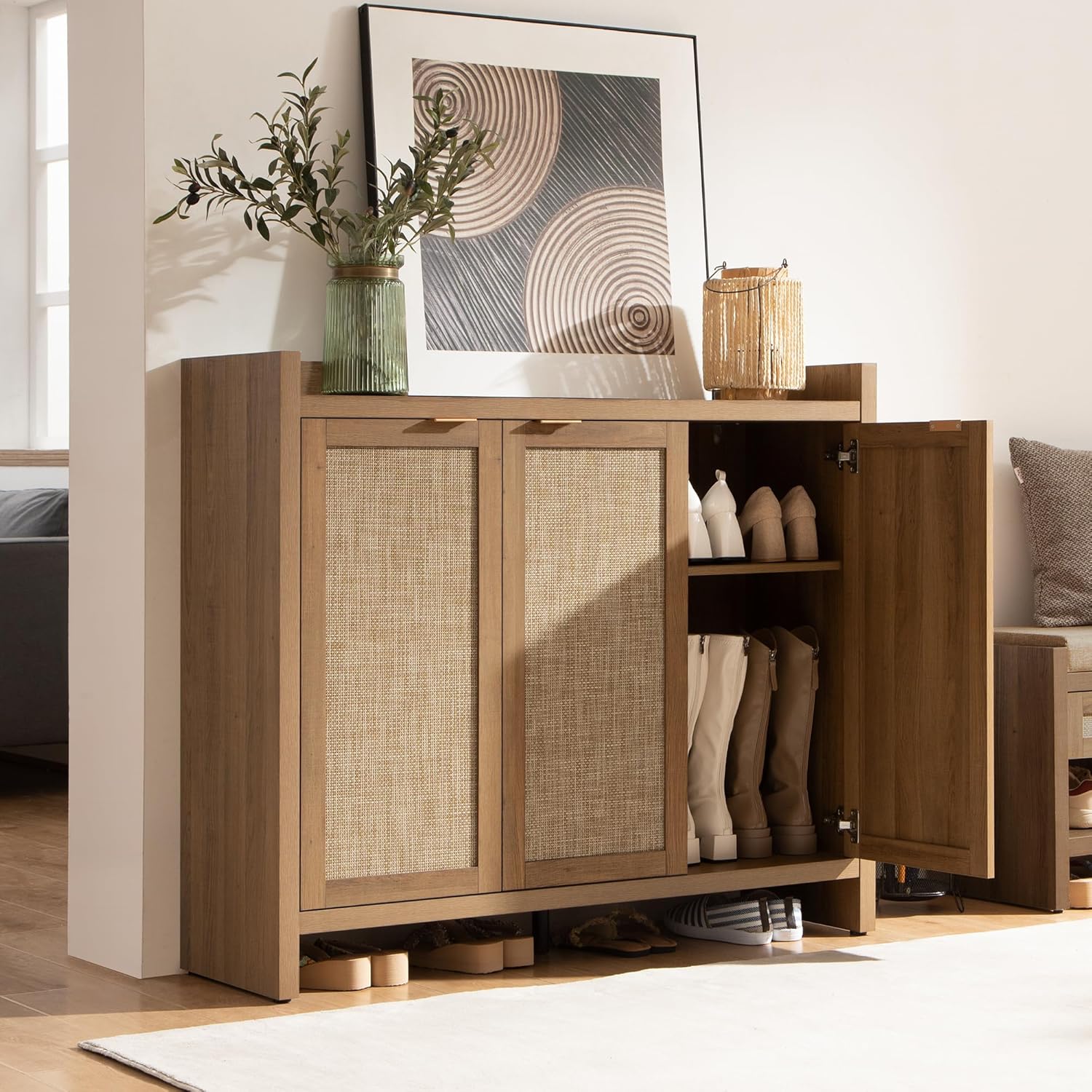 Garvee Boho 47" Rattan Shoe Storage Cabinet with 3 Doors and Adjustable Shelves for Hallway Living Room, Dark Oak