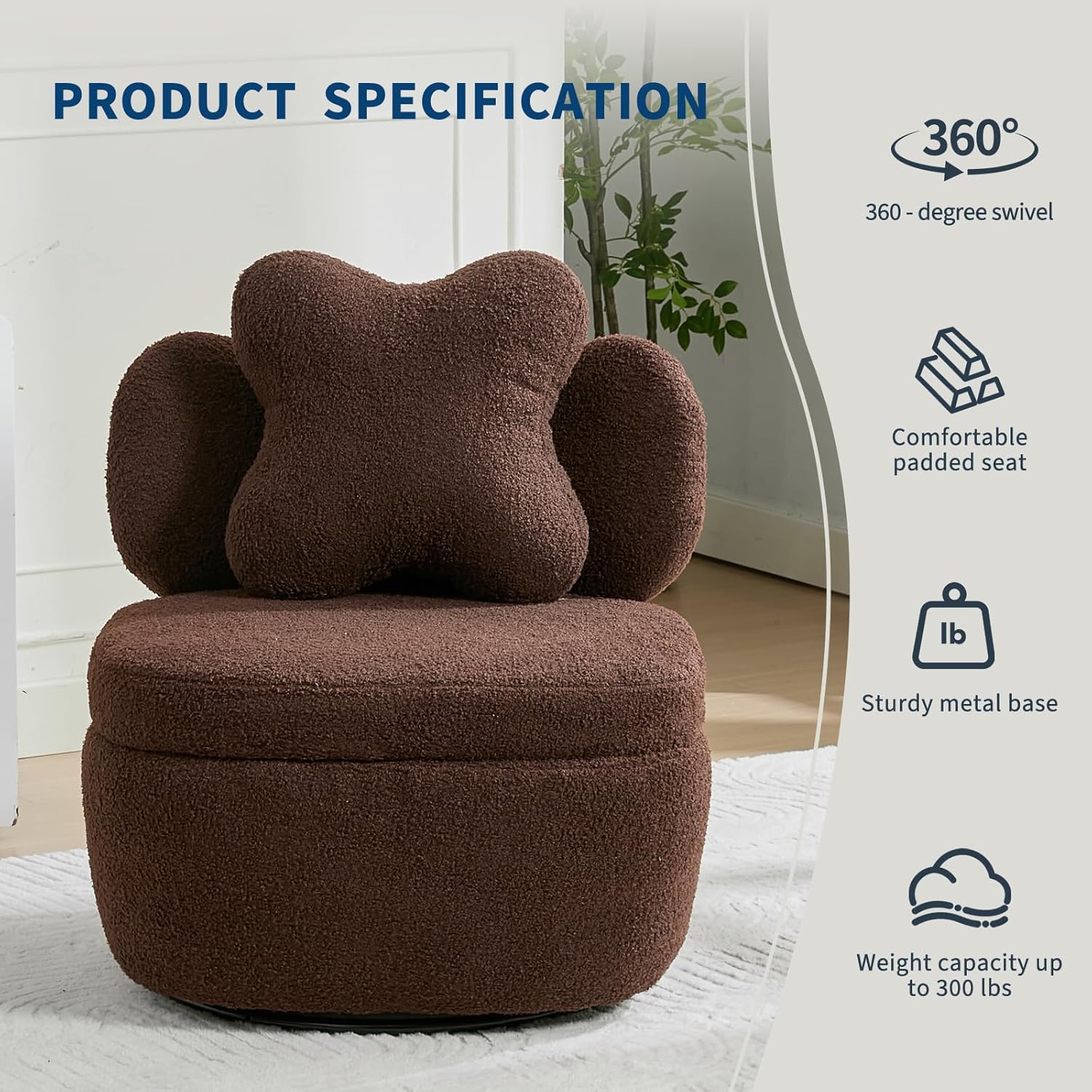 Garvee 360° Swivel Armchair with Storage, Teddy Velvet Accent Chair with Pillow, Ergonomic Design, 300 Lbs Capacity, Easy Assembly, Modern Lounge Chair for Living Room, Bedroom & Office, Brown