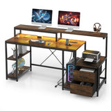 Garvee Computer Desk with LED Light & Power Outlets, Monitor Stand, Printer Space, Drawers, Storage Shelves, Study Work Desk, White - Rustic Brown - Tiger stripes