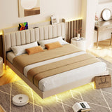 Garvee King Size Floating Bed Frame with LED Light,Modern Metal Platform Bed Frame with Charging Station,Upholstered Bed Frame with Headboard,No Box Spring Needed,Beige - Beige
