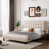 Garvee Queen Size Upholstered Platform Bed with Button Tufted Headboard, Heavy Duty Metal Foundation with Wood Slats No Box Spring Needed for Bedroom in Beige - Beige