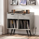 Garvee Record Player Table Stand with Storage Drawers, Vinyl Record Table Cabinet with Power Outlet, Large Wooden Turntable Stand for Album Storage in Living Room, Bedroom, Office