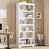 Garvee 6 Tier Bookshelf, 75" Tall Farmhouse Bookcase with Adjustable Shelves, 31.5" W Floor Standing Open Display Storage Rack with Anti-Slip Design for Home Office, Balcony, Library, Study / Living Room, White - White