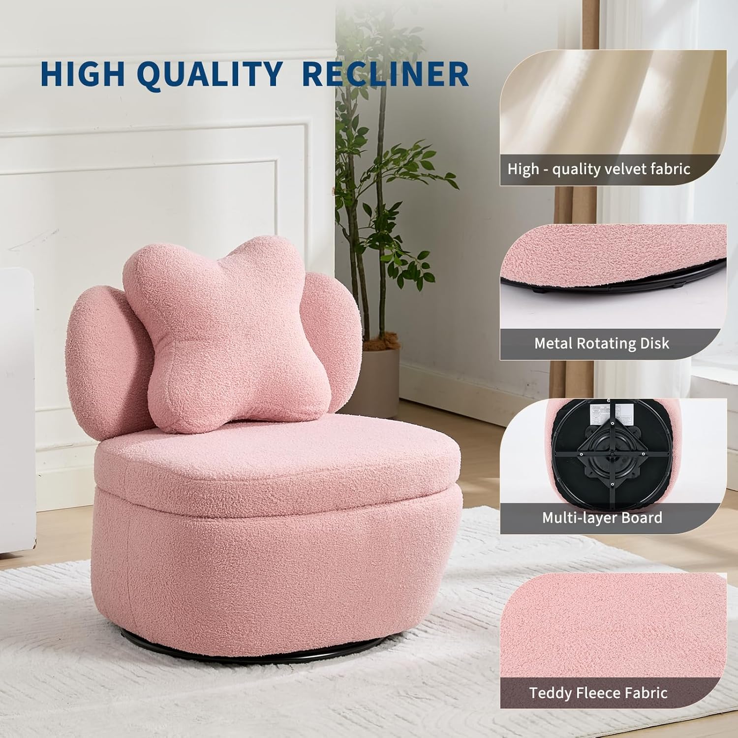 Garvee 360° Swivel Armchair with Storage, Teddy Velvet Accent Chair with Pillow, Ergonomic Design, 300 Lbs Capacity, Easy Assembly, Modern Lounge Chair for Living Room, Bedroom & Office, Pink