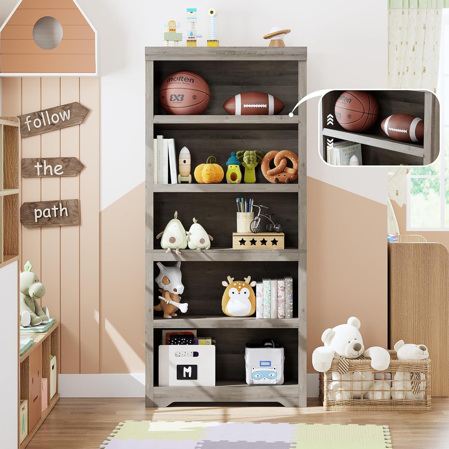 Garvee 5 Tier Bookshelf, 69" Tall Farmhouse Bookcase with Adjustable Shelves, 31.5" W Floor Standing Open Display Storage Rack with Anti-Slip Design for Home Office, Balcony, Library, Study / Living Room, Gray