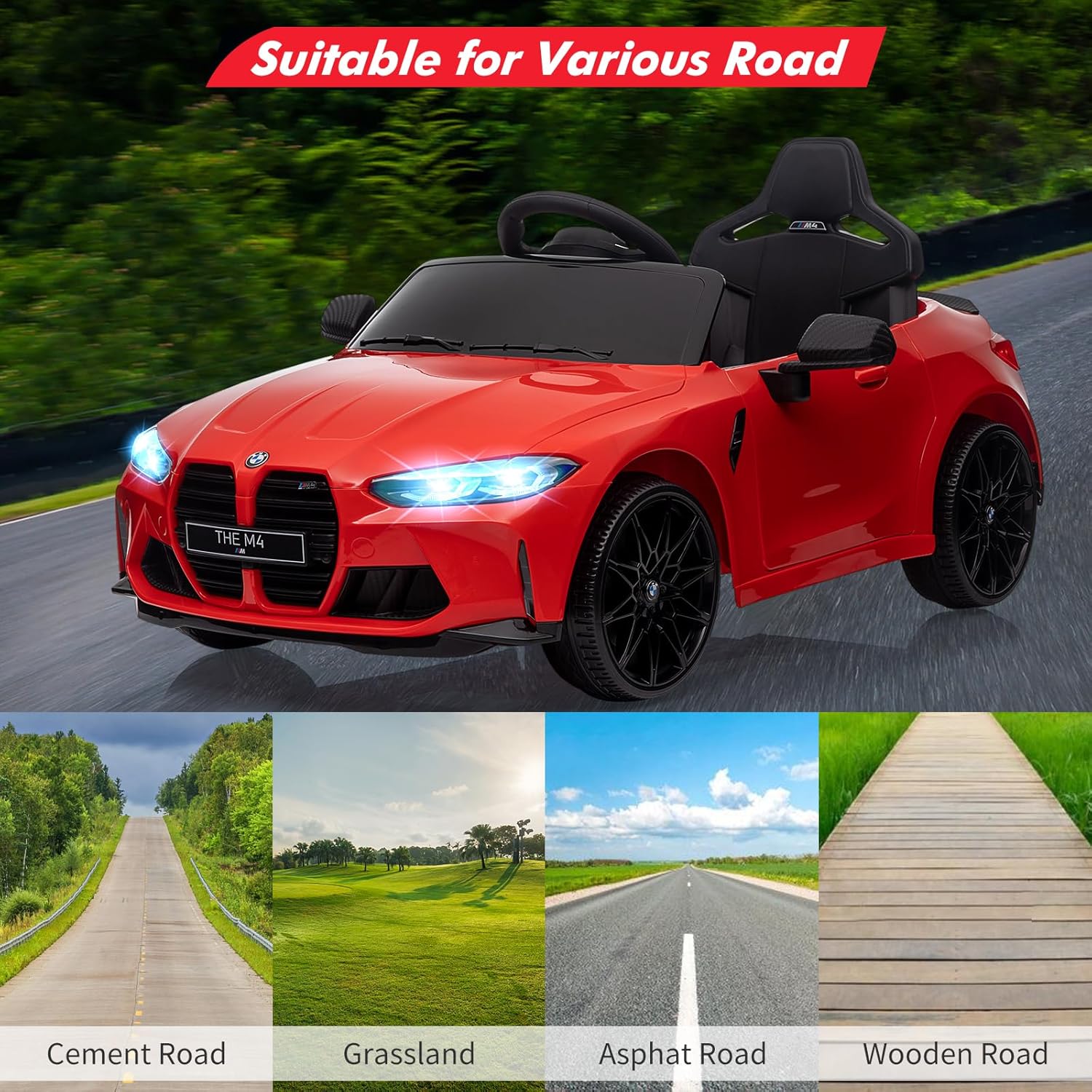 Garvee Ride - P Series: 12V Electric Ride On Car for 37-83 Months, w/RC,Licensed by BMW M4,Power Wheels for Boys Girls, with Suspension System,3 Speeds, Bluetooth, MP3, Double Door, LED Light - Red