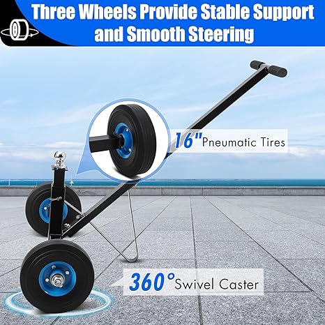 Garvee Adjustable Trailer Dolly 600 lbs Capacity Utility, Carbon Steel Trailer with Adjustable Height & 2 Inch Ball, 16 Inch Pneumatic Tires and Universal Wheel, Trailer Mover Dolly for Boats, Kayaks, Canoes