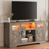 Garvee Farmhouse TV Stand with LED Lights, Entertainment Center for 65/60/55 Inches Televisions, TV Console with Storage Cabinets and Open Shelves, TV Cabinet for Living Room, Bedroom, Grey - Washed ash